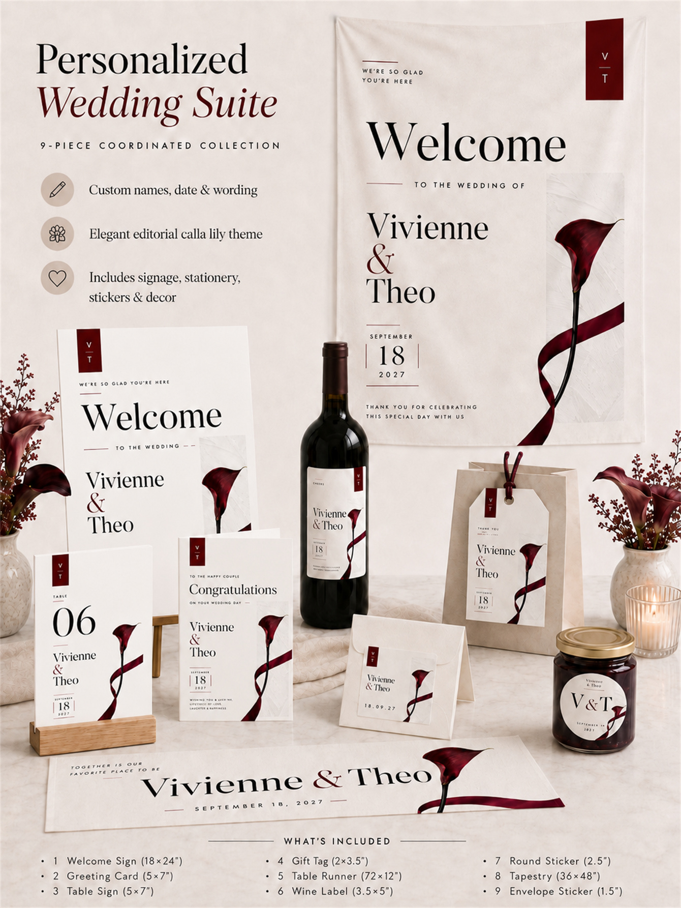 Elegant Custom wedding Set - Wine Red Carnation Wedding Series, suitable for ceremony and banquet decoration